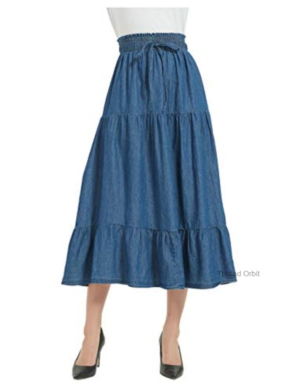Tronjori Cotton A Line Midi Denim Skirt Tiered Drawstring Pull On